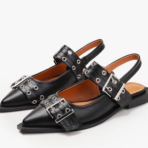 Black Slingback Flats with Silver Buckles